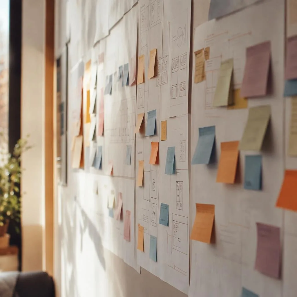 Sticky notes and journey maps on a studio wall