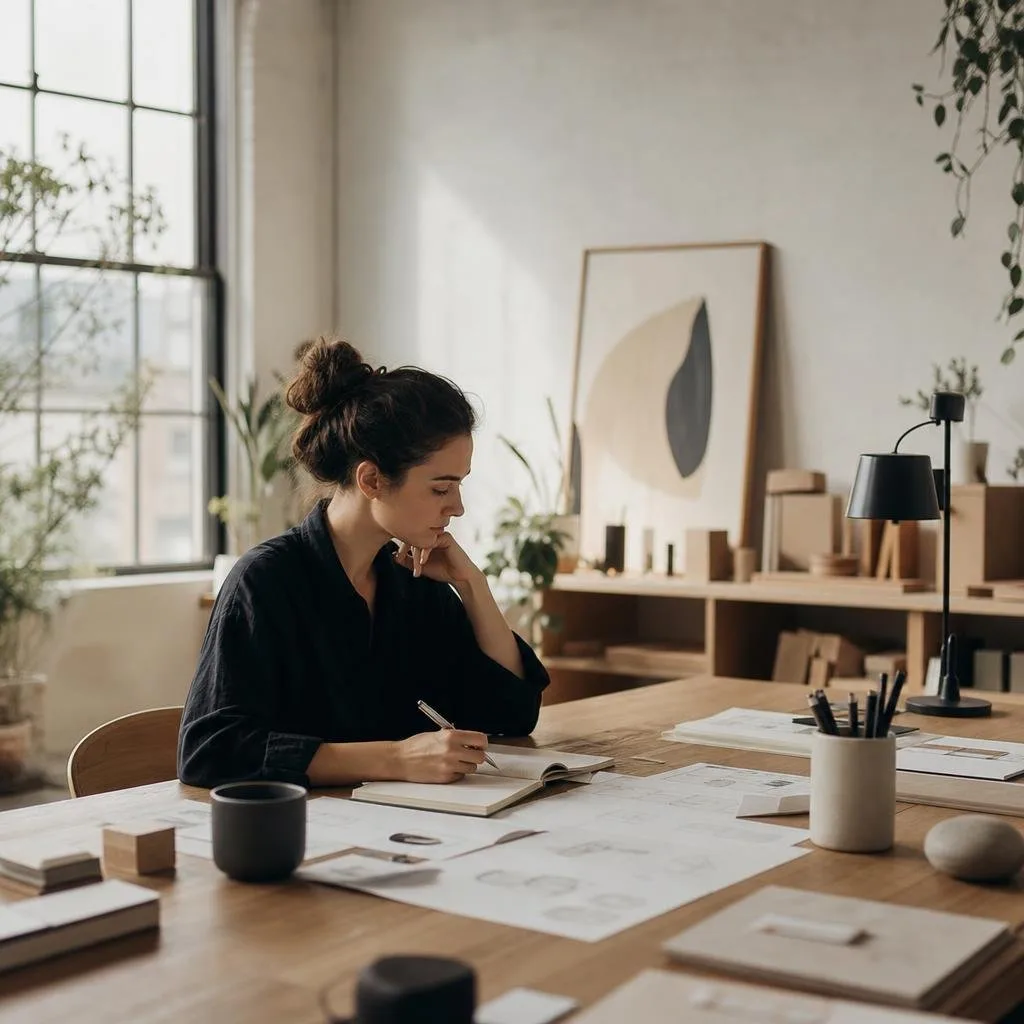 Calm, minimal design studio with plants and natural light